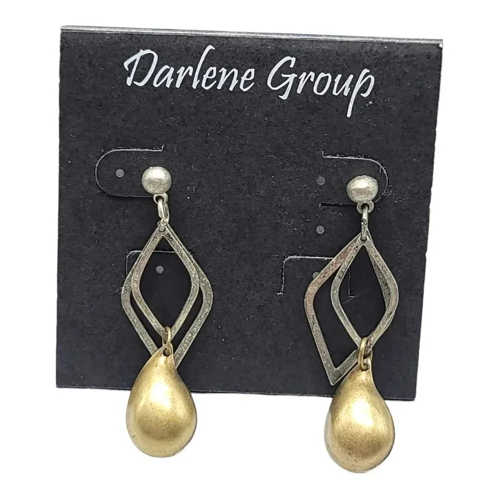Darlene Group Multi Layered Two Toned Silver Gold Diamond Teardrop Dangle Earrin